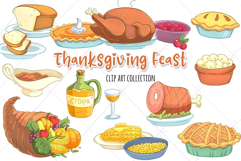 Cute Thanksgiving Feast Clipart, Thanksgiving Food Clip Art, Kawaii Thanksgiving Food, Fall Clip Art, Fall Graphics, Sublimation image 1