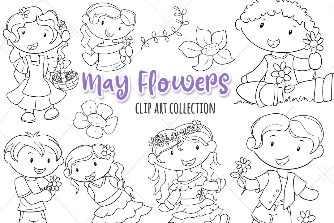May Flowers Cute Black and White Clip Art Collection, Spring Flowers