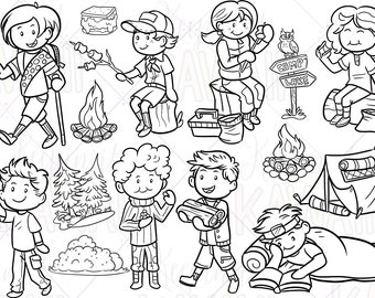 Cute Camping Digital Stamps, Kawaii Kids Camping, Camping Party, S'mores, Clip Art For Teachers
