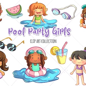 Cute Pool Party Girls Clip Art Collection, Pool Party Clipart, Kids Pool Party Invite