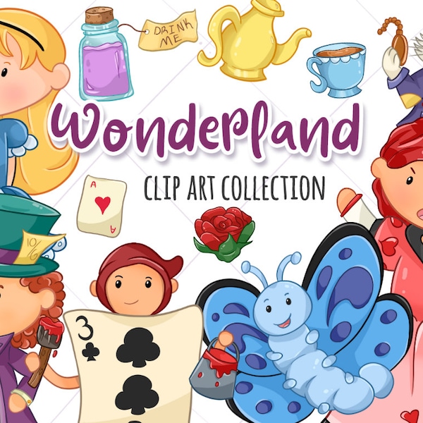 Cute Alice in Wonderland Clip Art Collection, Cute Wonderland Illustrations, Kawaii Wonderland, Queen of Hearts Clip Art, Mad Hatter