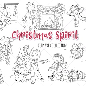 Sellos digitales Christmas Spirit, Cute Kids Christmas Clipart, Decoración para ilustraciones navideñas, Árbol de Navidad