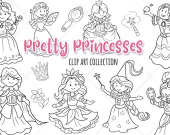 Pretty Princess Fantasy Clip Art Collection, Cute Princesses, Kawaii Princess Graphics, Princess Party Graphics, Princess Digital Stamps