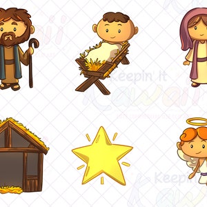 K&ouml;nnte beinhalten: Eine Cartoon-Illustration der Weihnachtsgeschichte mit einer Krippe, einem Jesuskind, Maria, Josef, einem Stern und einem Engel. Die Figuren l&auml;cheln alle und haben einen fr&ouml;hlichen Ausdruck.