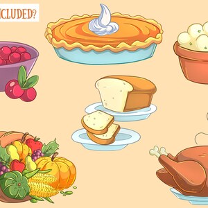 Cute Thanksgiving Feast Clipart, Thanksgiving Food Clip Art, Kawaii Thanksgiving Food, Fall Clip Art, Fall Graphics, Sublimation image 2