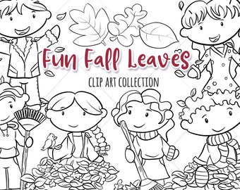 Cute Kids Playing in Fall Leaves Digital Stamp Set, Autumn Kids Playing in Leaves, Coloring Pages, Fall Illustrations