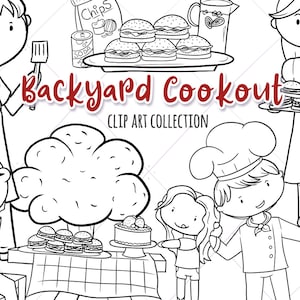 Backyard Barbeque Black and White Digital Stamps, BBQ Stamps, Backyard BBQ Clipart, BBQ Clip Art