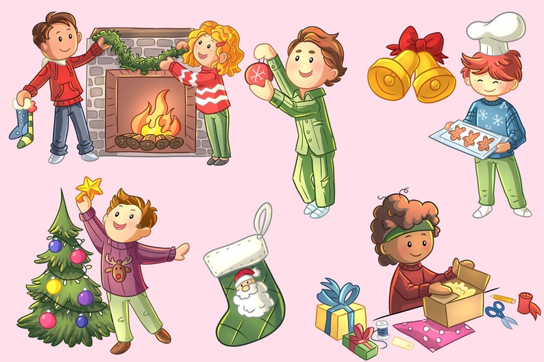 May include: A group of children are celebrating Christmas. One child is decorating a Christmas tree, another is hanging a wreath, another is holding a stocking, another is holding a plate of cookies, another is hanging ornaments, and another is wrapping presents.