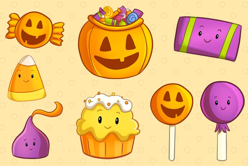 May include: A collection of Halloween-themed candy, including a pumpkin-shaped bag filled with candy, a candy corn, a cupcake with white frosting, a lollipop with a pumpkin face, a lollipop with a purple candy, a chocolate kiss, and a candy bar.