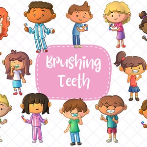 Kawaii Dental Clipart, Cute Dentist Clipart, Kids Brushing Teeth, Tooth Fairy Clip Art, Kids Morning Routine Clipart