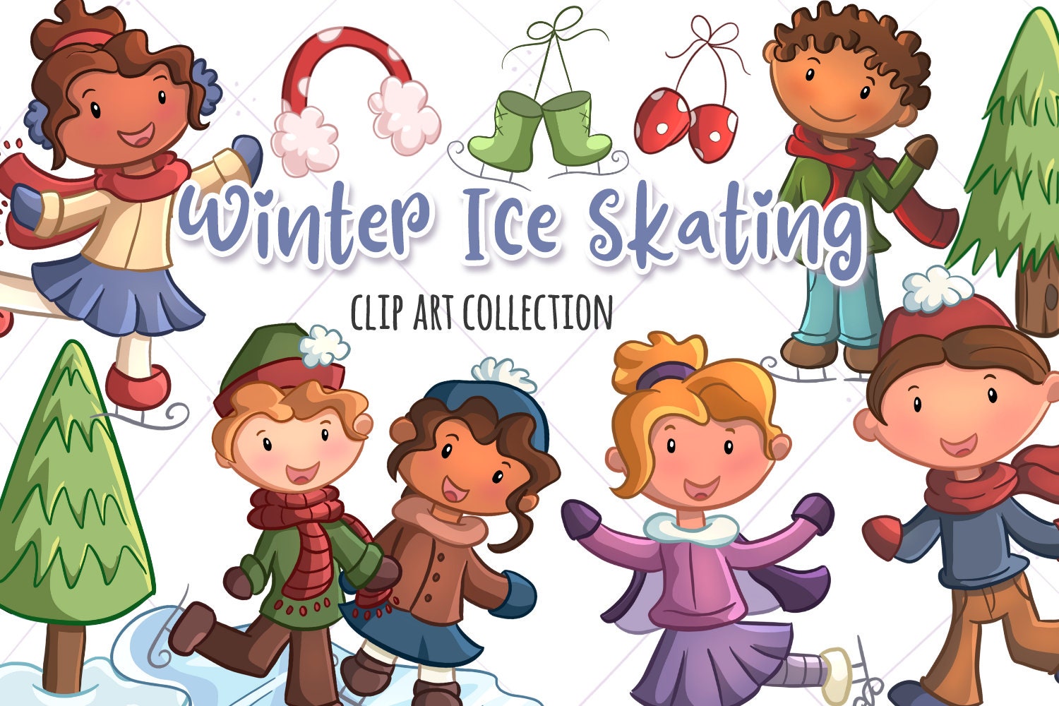 Cute Ice Skating Kids Clipart Cute Winter Clip Art Kawaii - Etsy