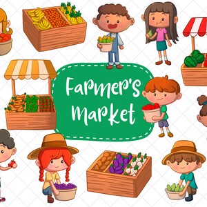 Cute Farmer's Market Clipart, Farmers Market Clip Art, Kawaii Fruits and Vegetables Clipart, Clipart for Classrooms
