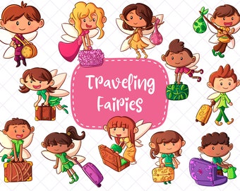 Traveling Fairies Clip Art,  Fairy Tale Clipart, Cute Fairies Digital Art, Kawaii Fairies