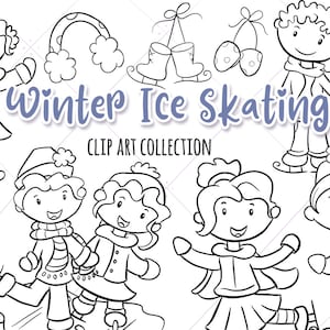 Cute Ice Skating Kids Black and White Clipart, Cute Winter Coloring, Kawaii Skating Kids, Winter Coloring, Skating Party, Ice Skating