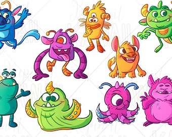 May include: A set of nine cartoon monsters in various colors, including blue, green, purple, orange, and pink. Each monster has a unique design and expression.