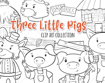 Three Little Pigs Fairy Tale Black and White Illustrations, Fairy Tale Coloring Pages, Three Pigs Digital Stamps