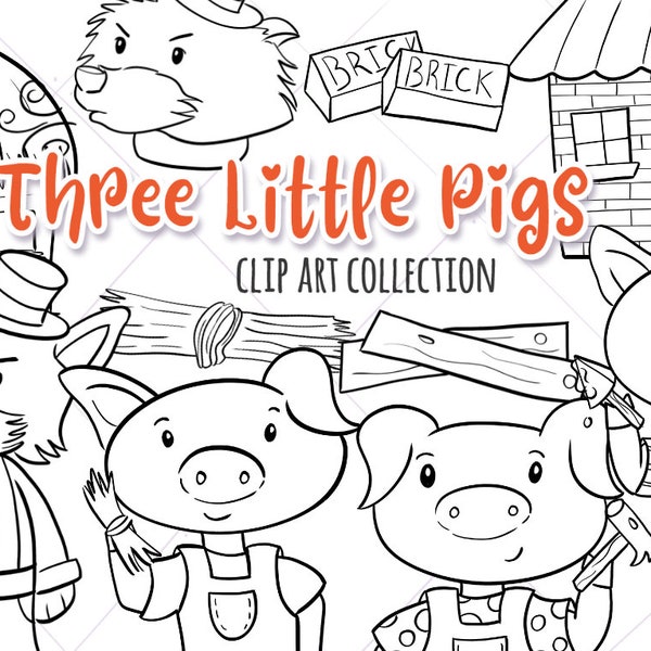 Three Little Pigs Fairy Tale Black and White Illustrations, Fairy Tale Coloring Pages, Three Pigs Digital Stamps