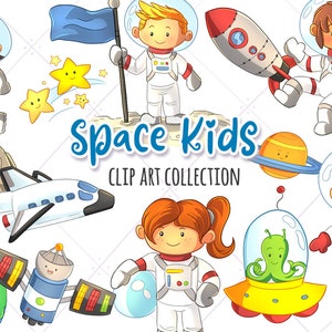 Cute Space Kids Clip Art Collection, Kids in Space, Astronaut Kids, Kawaii Space, Cute Alien Clipart, Space Shuttle Clip Art