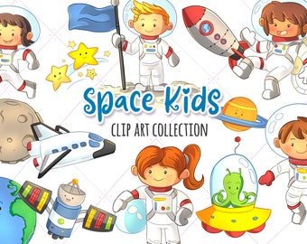 Cute Space Kids Clip Art Collection, Kids in Space, Astronaut Kids, Kawaii Space, Cute Alien Clipart, Space Shuttle Clip Art
