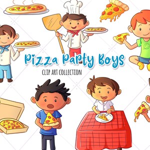 Pizza Party Clipart, Cute Pizza Party Boys Clip Art, Pizza Party Printables