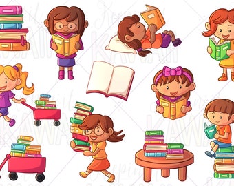 Reading Girls School Clip Art, Kawaii School Girls, Kids Reading, Clip Art For Teachers