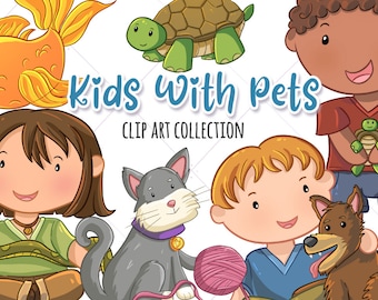 Cute Kids With Pets Clip Art, Kids And Pets Graphics, Kawaii Animals Clipart, Cute Animal Clipart Set, Instant Download, PNG