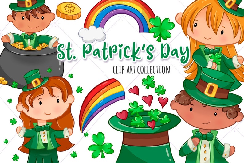 Cute St Patrick's Day Clip Art, Kawaii St. Patrick's Day Clipart, Rainbows Clipart, Pot of Gold, Spring Clip Art, Instant Download image 1