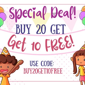 May include: A colourful illustration featuring two children celebrating a special deal. The text reads "Special Deal! Buy 20 Get 10 Free! Use Code: BUY20GET10FREE".