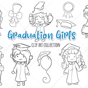 Cute Graduation Girls Clip Art Collection, Little Graduates Clipart, Kids Graduation Party Invite  Checklist
