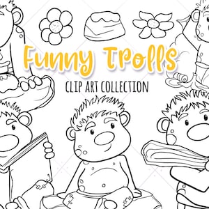 Cute Funny Trolls Digital Stamps - Silly Troll Illustrations - Trolls Black and White Clip Art - Kawaii Trolls Clip Art - Troll Stamps