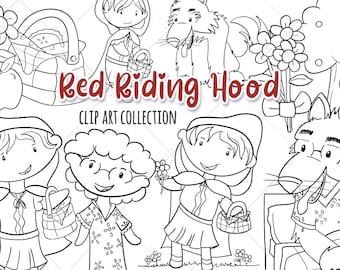 Little Red Riding Hood Black and White Illustrations, Big Bad Wolf Digital Stamps, Fairy Tale Coloring Pages