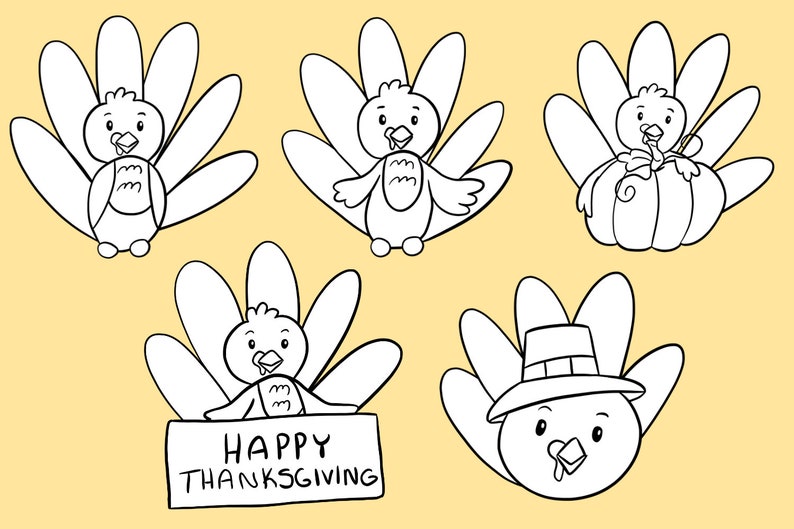 Cute Turkeys Thanksgiving Coloring Fall Turkeys Kawaii Clip - Etsy
