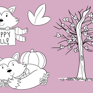 Cute Fall Foxes Black and White Clip Art Collection, Kawaii Foxes Coloring Pages, Cute Fall Illustrations, Woodland Nursery, Woodland Shower image 3