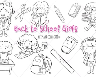 Selos digitais fofos de volta às aulas para meninas, gráficos de meninos de escola, clipart escolar para professores
