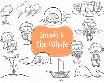 Jonah and the Whale Clipart, Bible Story Clip Art, Cute Christian Clipart, The book of Jonah