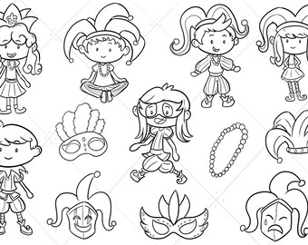 Mardi Gras Kids Digital Stamps Collection, Mardi Gras Clipart, Carnival Kids Clip Art, Mardi Gras Celebrations