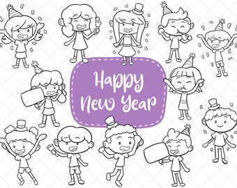 Happy New Year Kids Clip Art,  Cute New Year's Eve Clipart, Cute Kids New Year Clipart, Classroom Clipart
