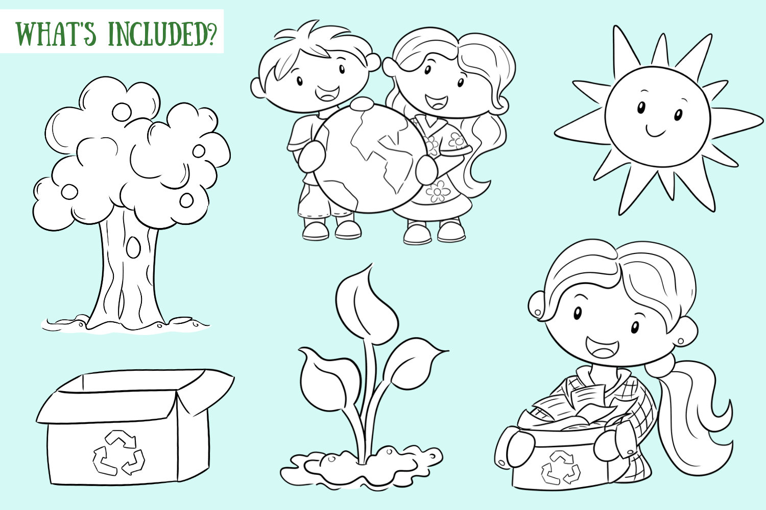 Cute Earth Day Themed Black and White Clip Art Collection