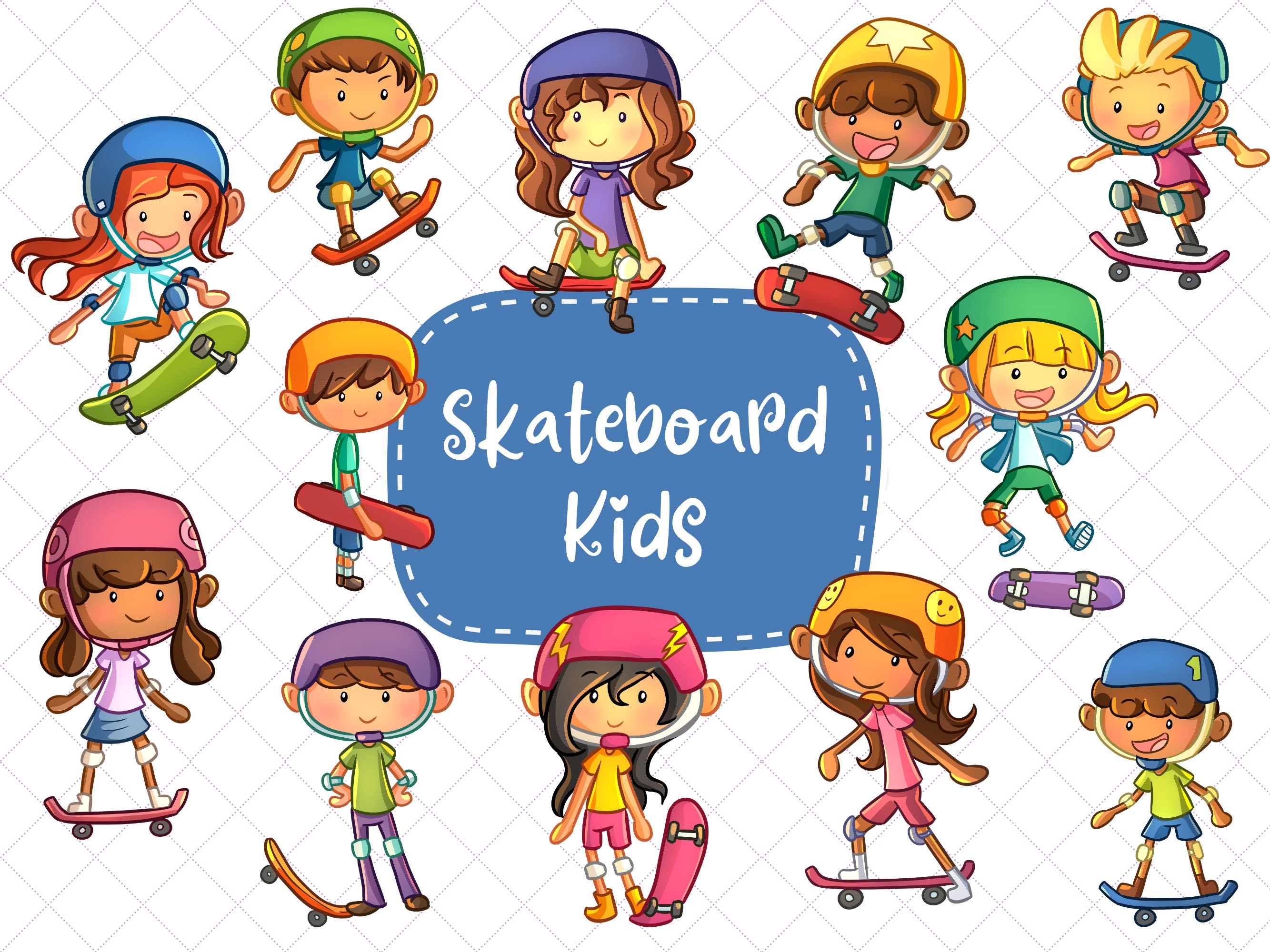 Cute Skateboarding Kids Clipart Skating Kids Clip Art Kawaii Etsy
