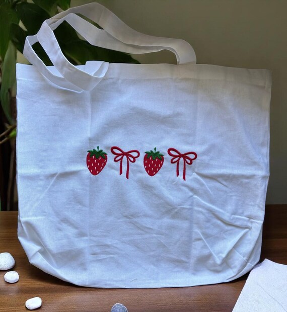Embroidered Strawberry Tote Bag: Reusable Market Handbag with Bows