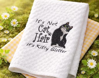 Cat Kitchen Towel with Funny Cat Print, Embroidered Cotton