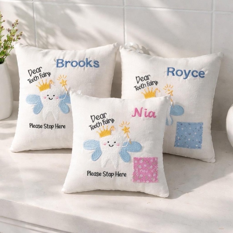 Personalized Tooth Fairy Pillow, Embroidered Tooth Pillow with Pocket, Kids Lost Tooth Pillow, Tooth Fairy Gift for Boys Girls image 1