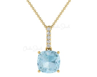 Aquamarine Dangling Pendant 14k Real Gold 5 Stone Diamond Pendant Necklace / 0.98 Carat Cushion Cut March Birthstone Jewelry for Women