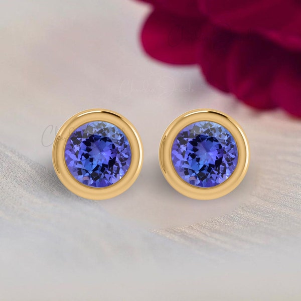 Genuine Tanzanite Bezel Stud Earrings, 14k Solid Gold Studs, 5mm Round Gemstone Set Earrings, December Birthstone Studs for Womens Day Gift