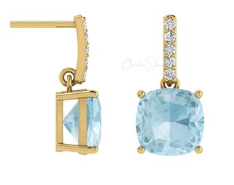 14K Solid Gold Gemstone Stud Earrings, Genuine Aquamarine 6mm Cushion Earrings, Diamond Drop Dangle Earrings, Birthstone Jewelry for Women