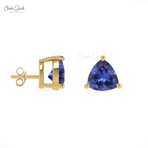 Natural Tanzanite Gemstone Solitaire Stud Earrings, 14k Solid Gold Earrings, 4mm Trillion cut Gemstone December Birthstone Jewelry for Women