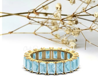 Eternity Gemstone Band, 14k Solid Gold Stackable Wedding Ring, 4.75CTW Octagon Aquamarine Full Eternity Rings For Women, Anniversary Gift