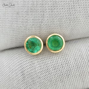 Natural Emerald Gemstone Studs, 5mm Round Cut Emerald Solitaire Stud Earrings, 14k Solid Yellow Gold Earrings, May Birthstone Gift For Her