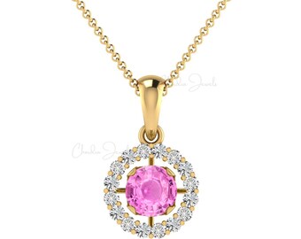 Genuine Pink Sapphire Gemstone Pendant | 14k Solid Gold | 0.13Cts White Diamond Halo Pendant | Pink Sapphire Handmade Pendant | Gift For Her