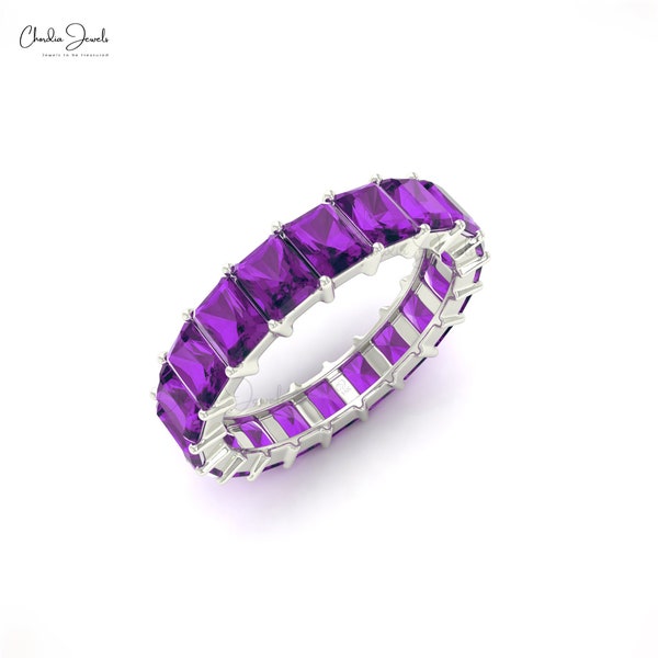 Octagon Full Eternity Gemstone Band, 14k Solid White Gold Prong Set Ring, 4x3mm Purple Amethyst Stacking Rings, Light Weight Wedding Jewelry